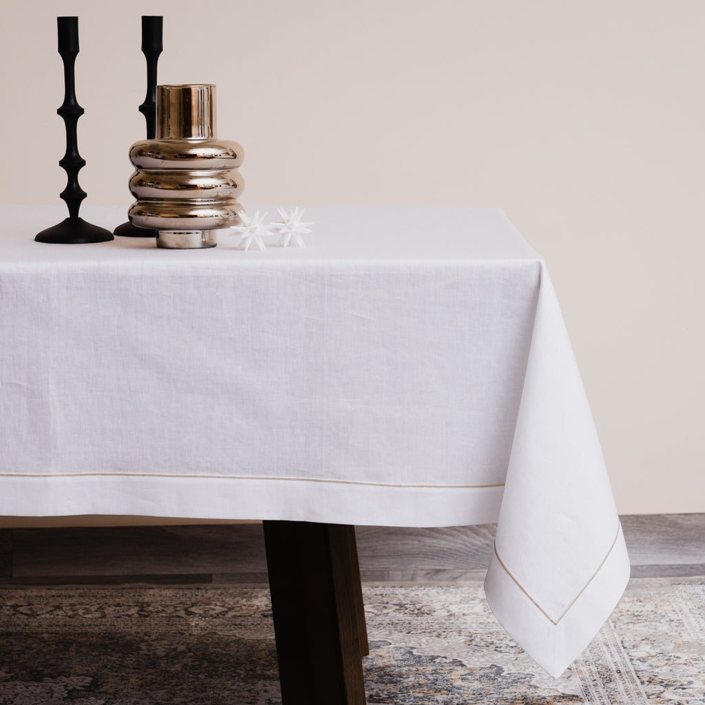 Luxury Linen Sateen Tablecloth – Platinum Embroidery, Custom Size