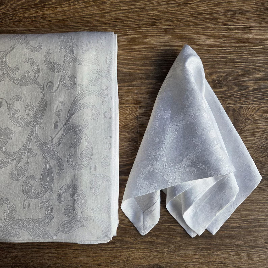 White Linen Acanthus Damask Tablecloth — Custom Sizes