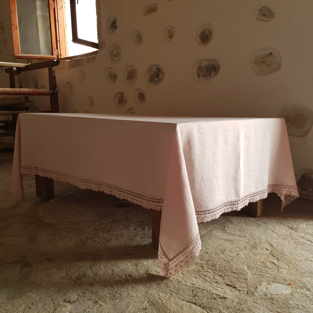 Pink Linen Tablecloth with Lace Edging: Custom Luxury Table Decor