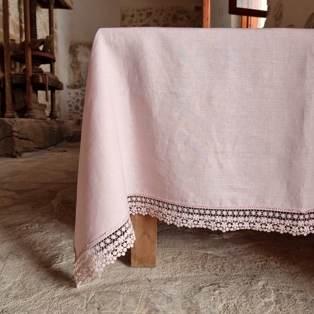 Pink Linen Tablecloth with Lace Edging: Custom Luxury Table Decor