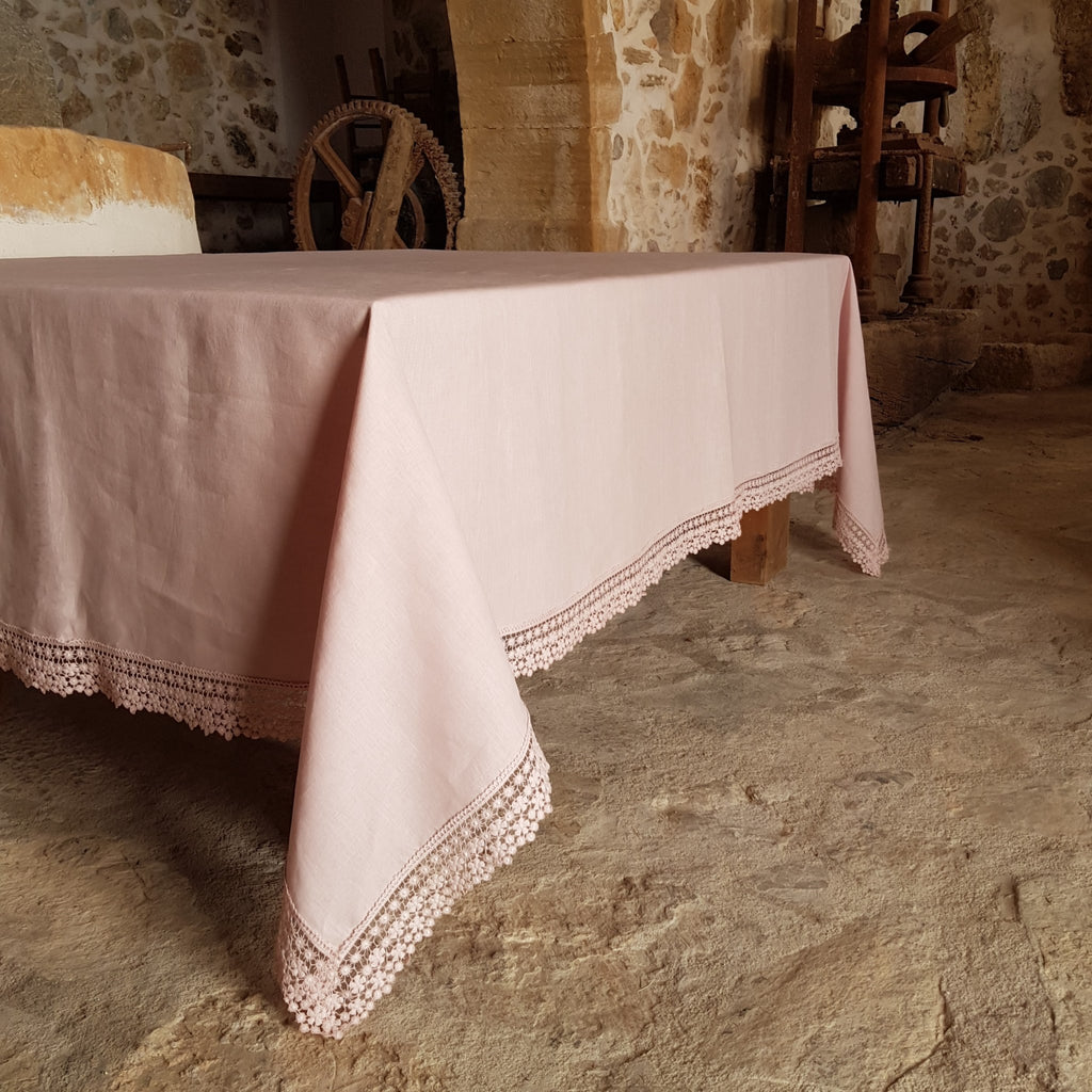 Pink Linen Tablecloth with Lace Edging: Custom Luxury Table Decor