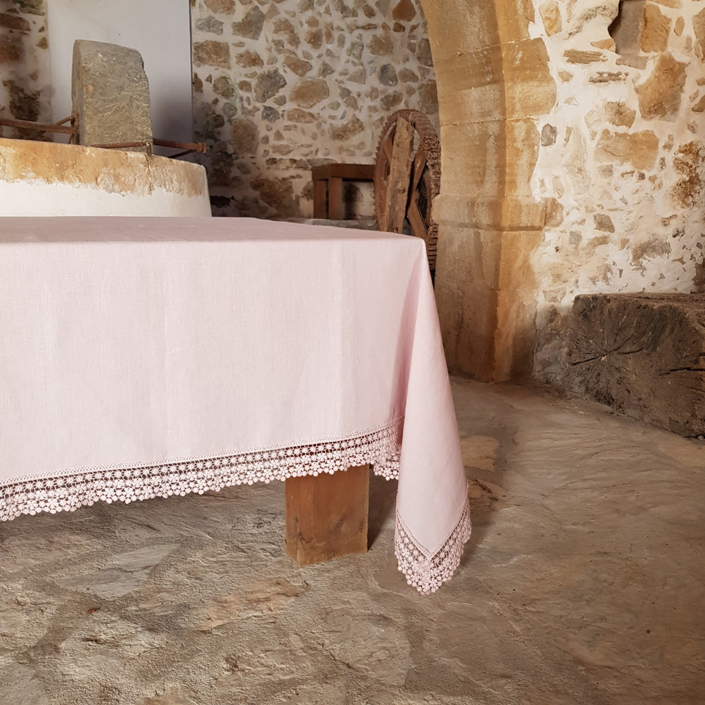Pink Linen Tablecloth with Lace Edging: Custom Luxury Table Decor