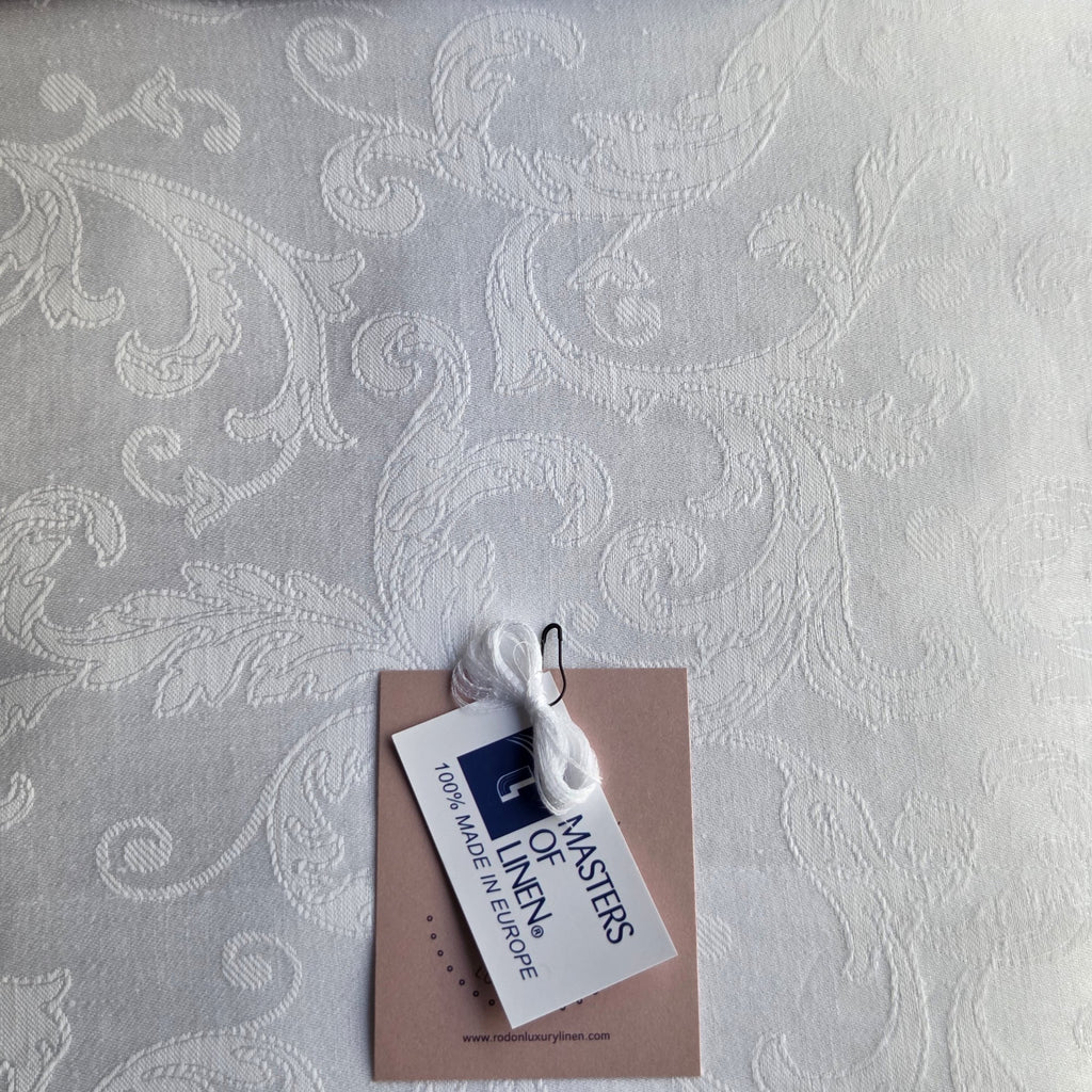 White Linen Acanthus Damask Tablecloth — Custom Sizes