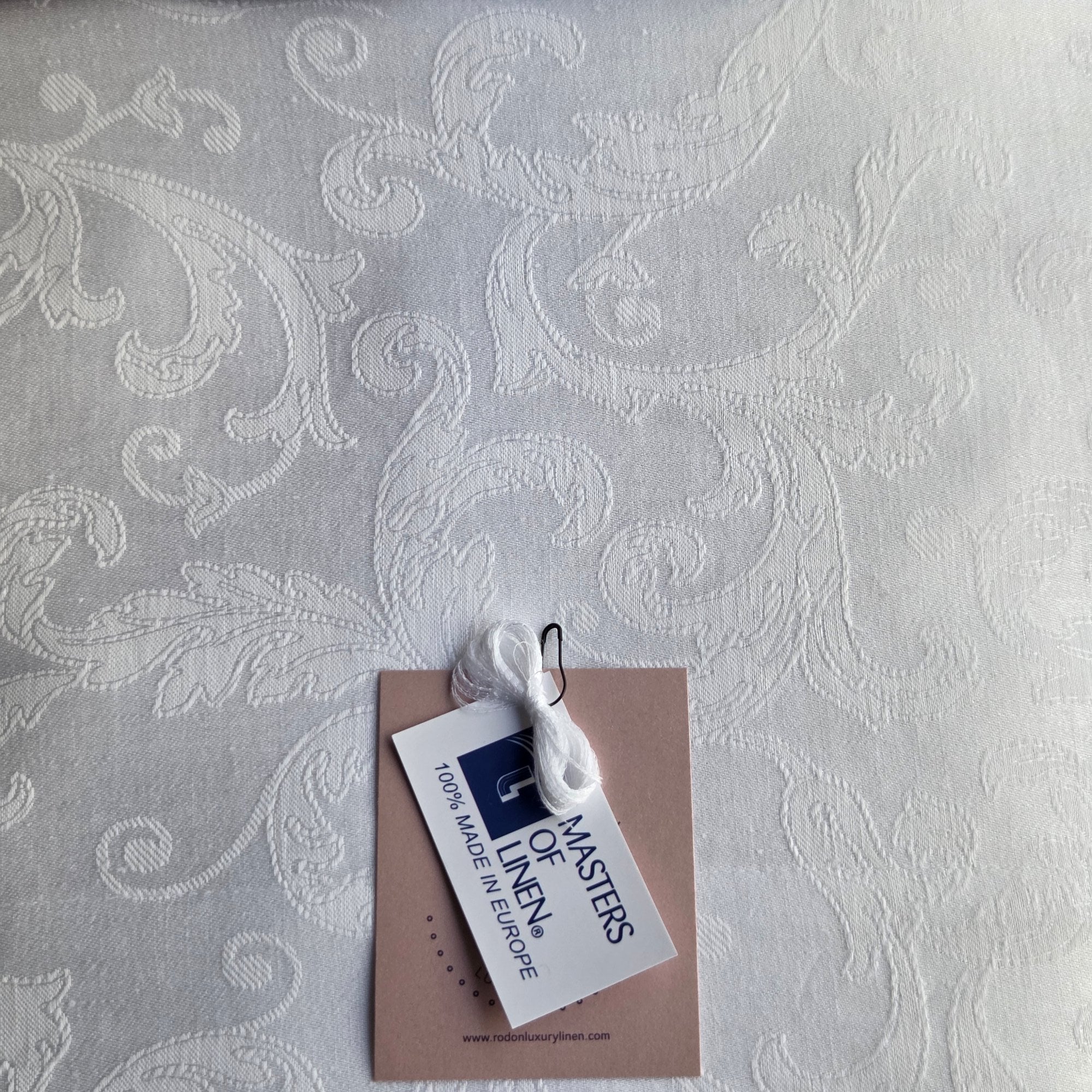 White Linen Acanthus Damask Tablecloth — Custom Sizes