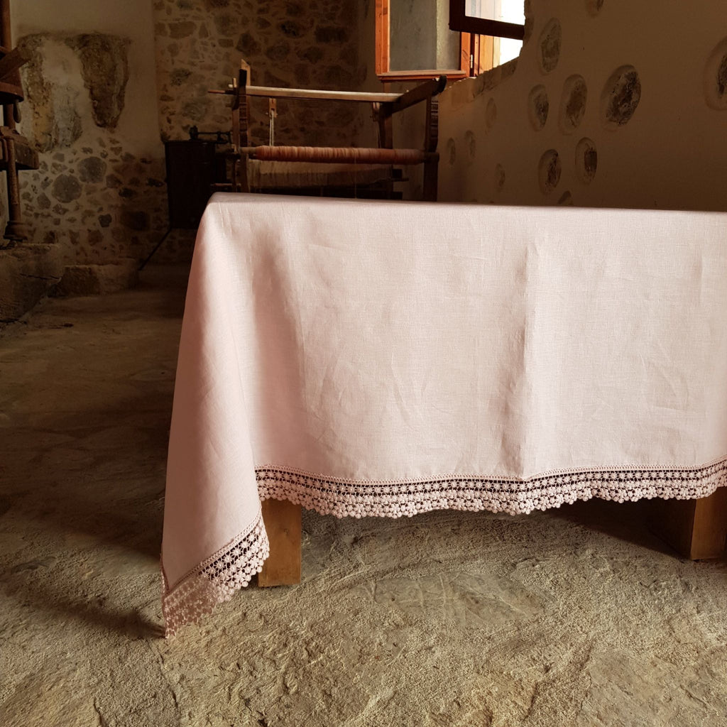 Pink Linen Tablecloth with Lace Edging: Custom Luxury Table Decor