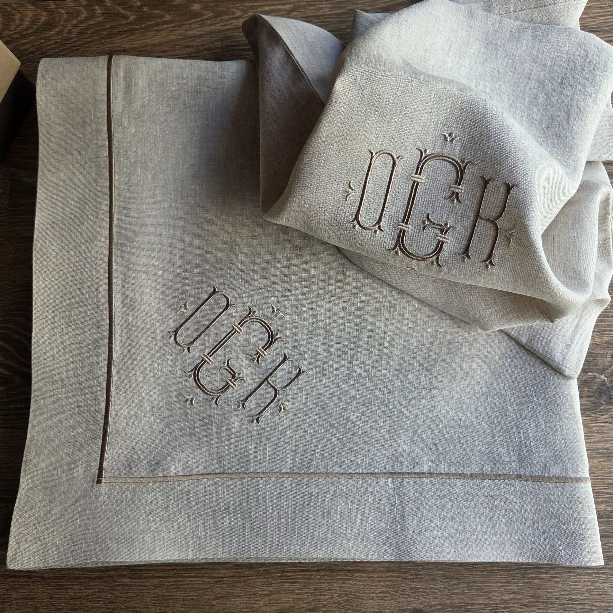 Natural Linen Tablecloth, Personalized Luxury Dining Cloth, Embroidered Heirloom Table Linen