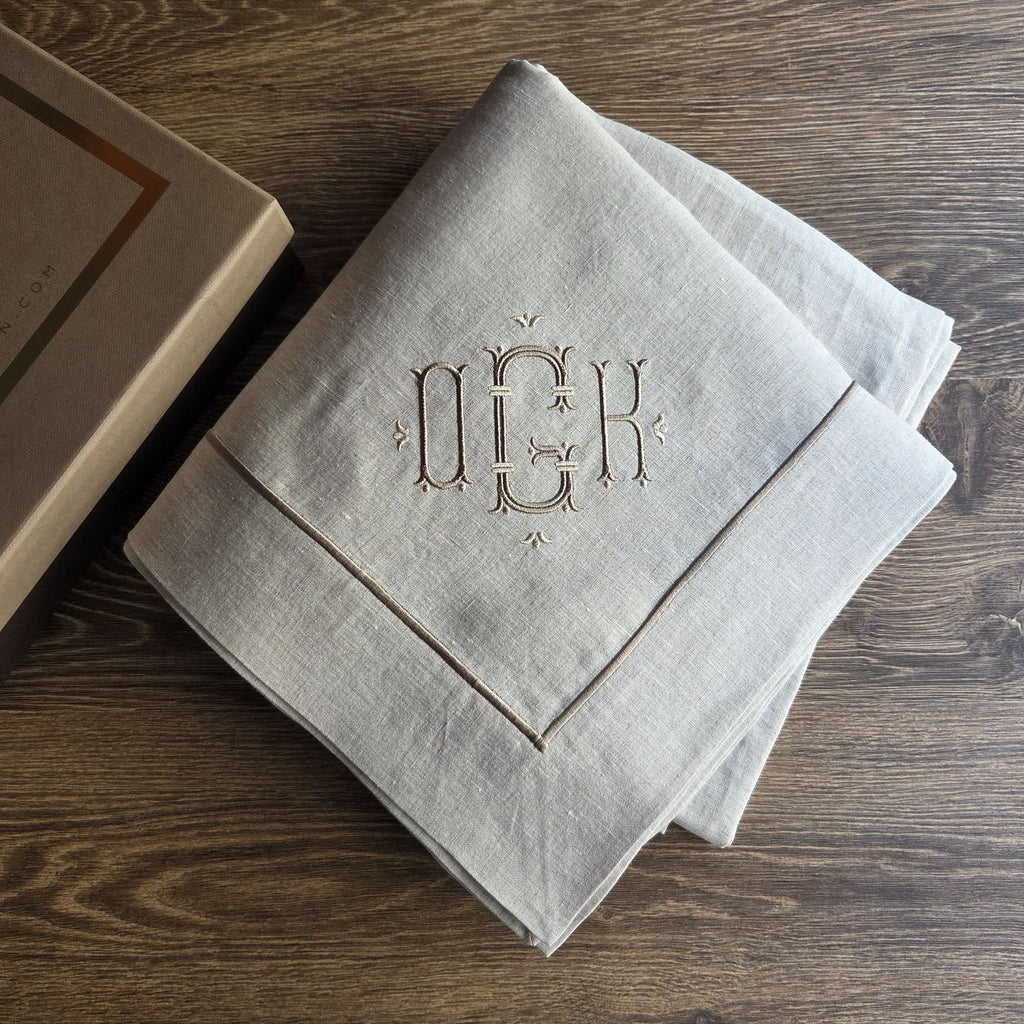 Natural Linen Tablecloth, Personalized Luxury Dining Cloth, Embroidered Heirloom Table Linen