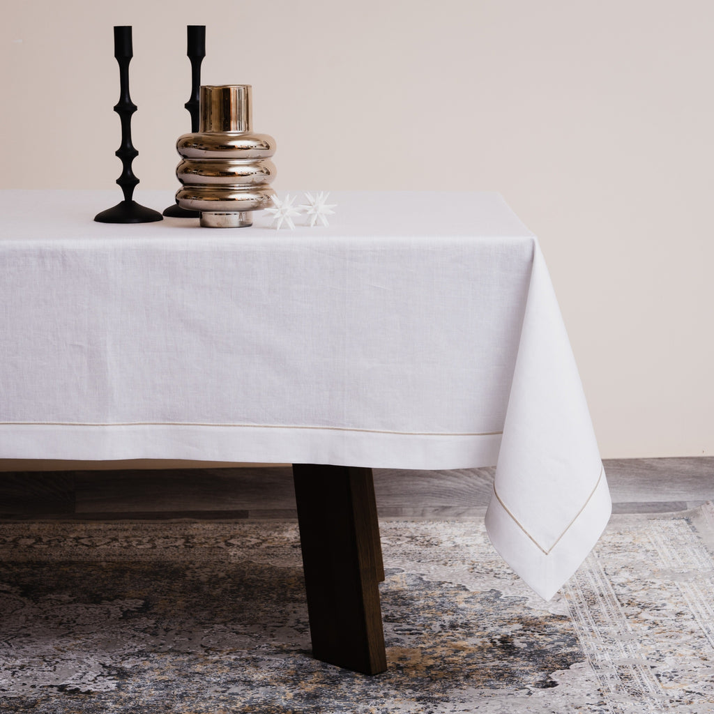 Luxury Linen Sateen Tablecloth – Platinum Embroidery, Custom Size